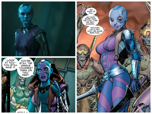 As a practical example of how much character depictions can differ, here are three recent versions of super villain Nebula. In addition to the wonderful, drag-esque version played Karen Gillan in the Guardians of the Galaxy film, there's two completely different portrayals of her from Guardians Team-up #1 and #2 (which was a two-part story, somehow).